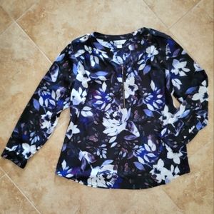 Popover Blouse Top XL Long Sleeves w/ Button & Tab to Roll Up Watercolor Floral